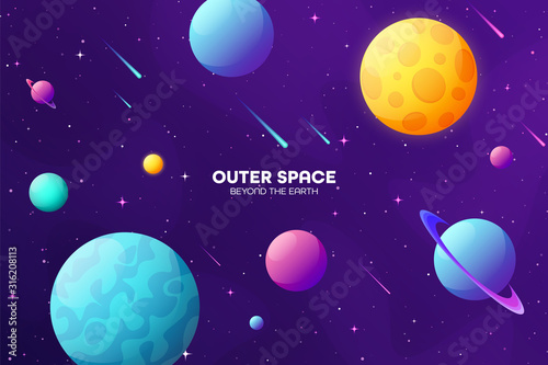 Space futuristic modern colorful background. Night sky. Solar system, galaxy and universe exploration. Vector illustration.