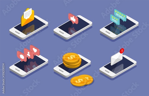 Set of vector isometric smartphone. E-mail, email marketing, internet advertising concepts. Money movement, online payment and banking concept. Social media notifications icon.
