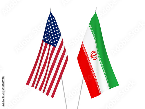 National fabric flags of America and Iran isolated on white background. 3d rendering illustration.