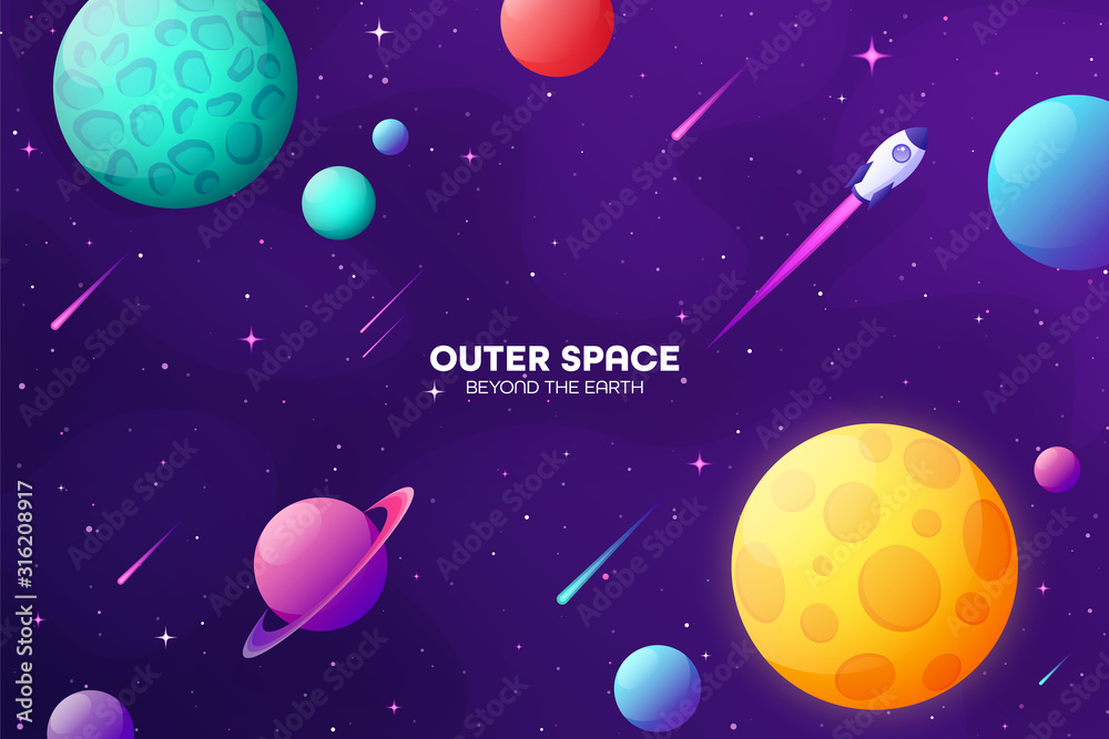 Fototapeta premium Space futuristic modern colorful background with rocket. Starship, spaceship in night sky. Solar system, galaxy and universe exploration. Vector illustration.