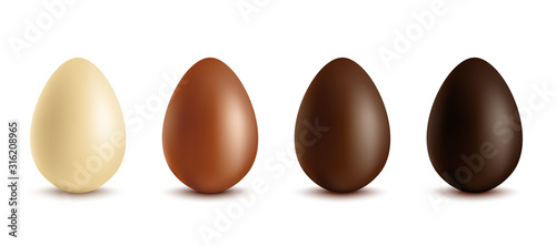 Set of white, milk and dark chocolate eggs, realistic vector illustration isolated.