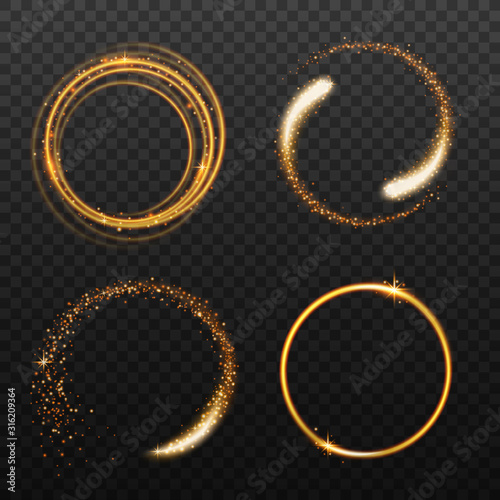 Set of golden round light effects realistic vector illustrations isolated.