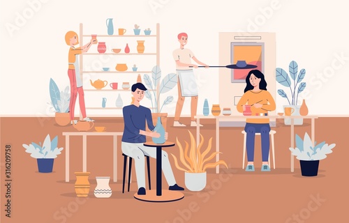 People characters work at ceramic workshop background flat vector illustration.