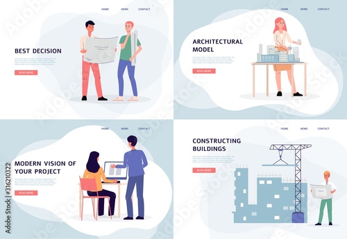 Architect and engineer banner set with cartoon people discussing project plans