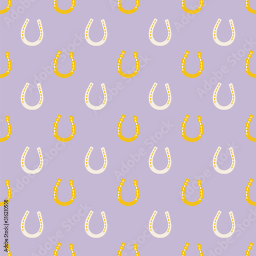 Seamless pattern of stylized horseshoes on a soft purple background.