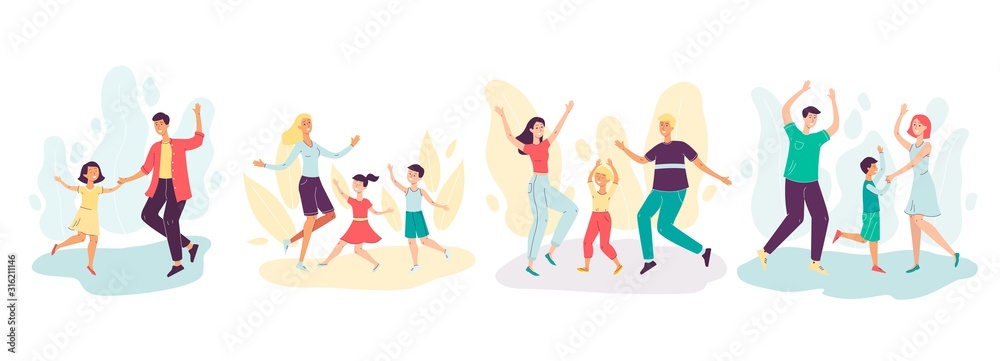 Happy cartoon dancing family set on isolated colorful banner.