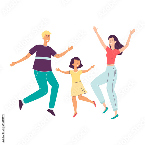 Happy family jumping and smiling - cartoon parents and child dancing