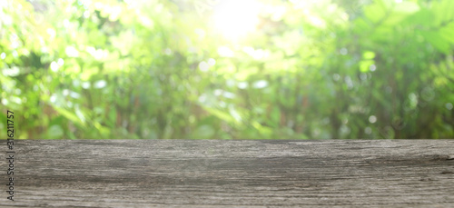 Nature background, Wood table display over blur green garden