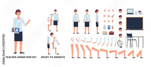 Female teacher in various poses animation set, flat vector illustration isolated.