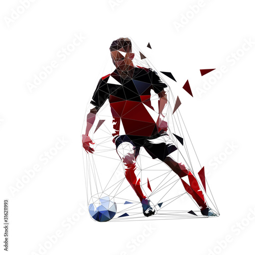 Soccer player running with ball, low poly isolated vector drawing, geometric footballer