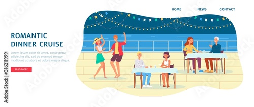 Romantic dinner cruise with people on tourist ship, flat vector illustration.