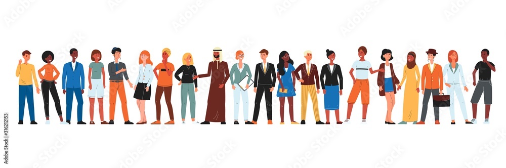 Diverse community of people standing in line - isolated cartoon men and women