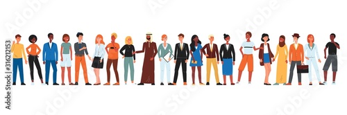 Diverse community of people standing in line - isolated cartoon men and women