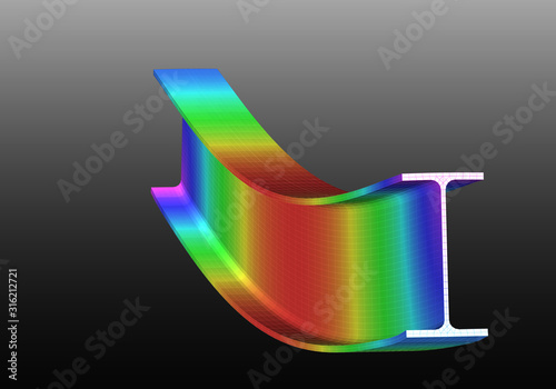 A simple supported I-beam bending under uniform distributed load. Isometric view 3D Illustration of mesh deformation and plot of deflections from finite element analysis on grey gradient backround