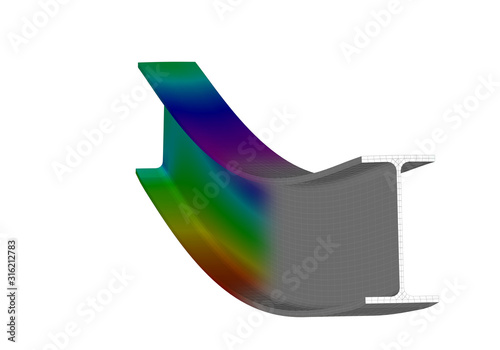 A simple supported I-beam bending under uniform distributed load. Isometric view 3D Illustration of mesh deformation and plot of normal stresses from finite element analysis on white backround