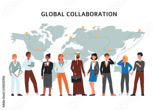 Global collaboration banner - group of cartoon people standing by world map