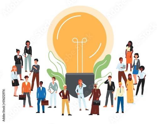 Cartoon people standing near lightbulb icon - creative global business community