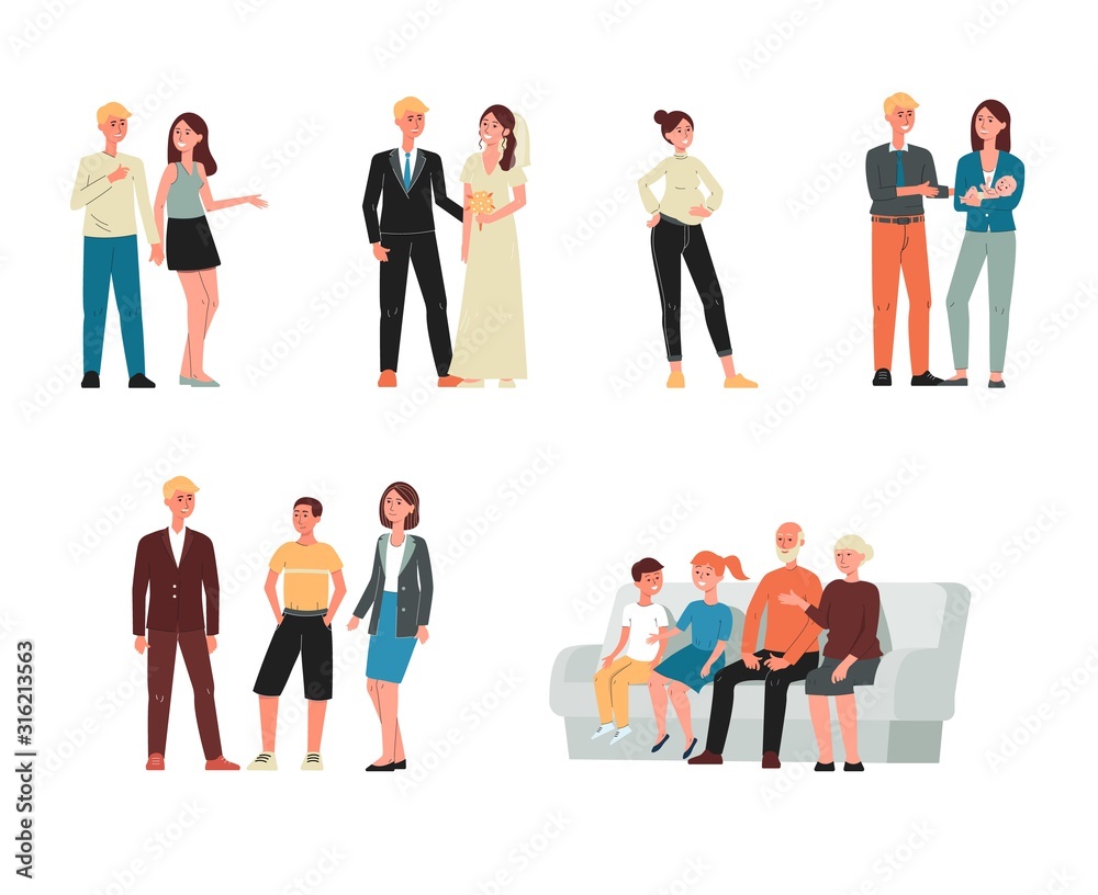 Set of characters - family at different ages, flat vector illustration isolated.