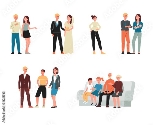 Set of characters - family at different ages, flat vector illustration isolated.