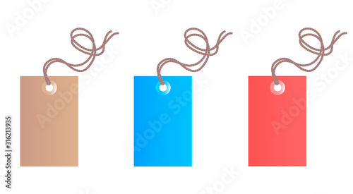 Set of three colored commodity tags with ropes. Brown, red and blue. Vector isolated illustration.