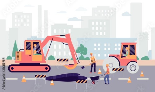 Cartoon people fixing hole on highway - industrial city roadwork banner