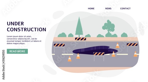 Road under construction and highway repair works banner flat vector illustration.