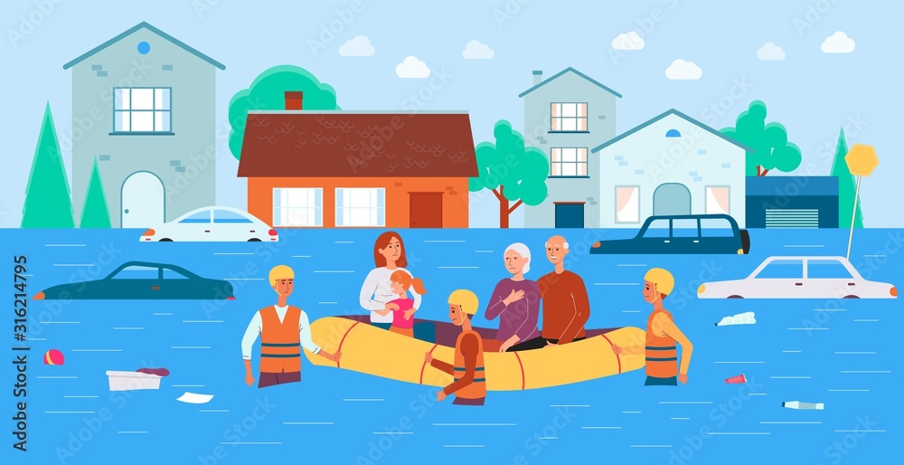 Flood rescue banner - cartoon family in boat saved by natural disaster relief team
