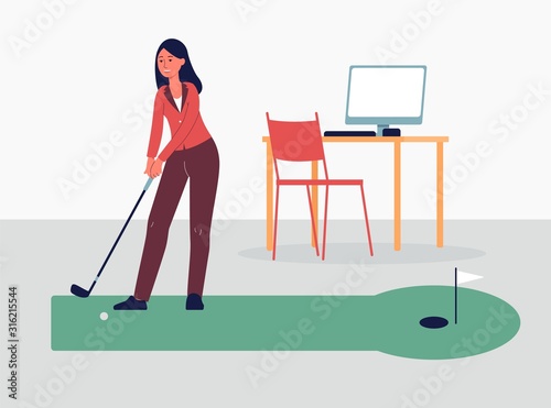 Woman playing golf game on break at work, flat vector illustration isolated.