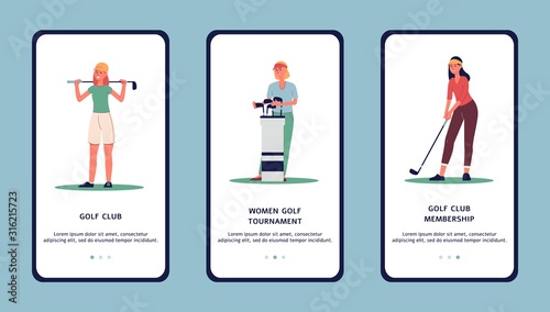 Women golf club or tournament - app design, flat vector illustration isolated.