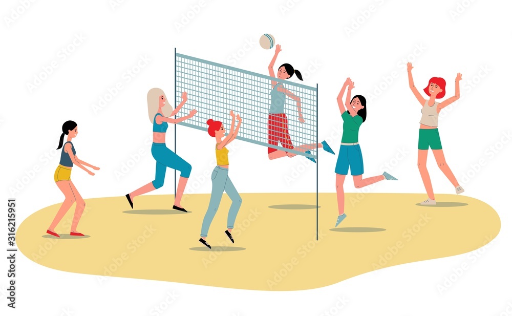 Beach volleyball womens team players flat vector illustration isolated ...