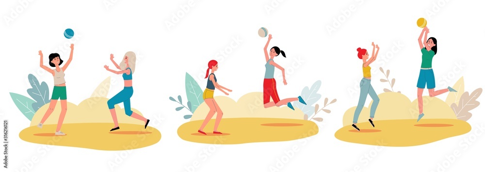 Group of women playing volleyball on beach, flat vector illustration isolated.