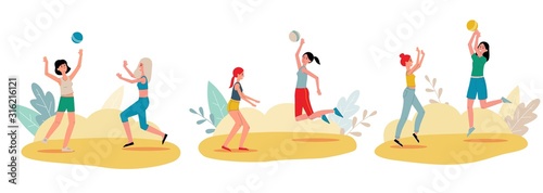 Group of women playing volleyball on beach, flat vector illustration isolated.