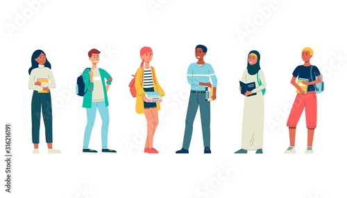 Diverse multicultural university students flat vector illustration isolated.