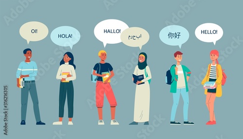 Multicultural students group of characters, flat vector illustration isolated.