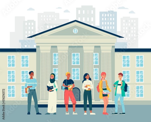 Cityscape background with multicultural students, flat vector illustration.