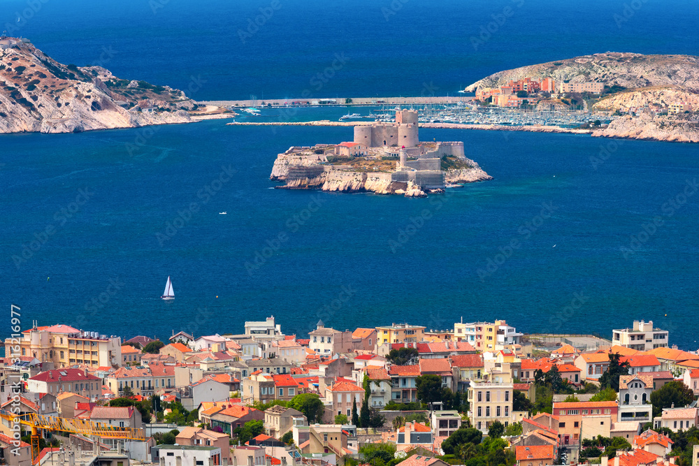 Aerial view of Chateau d If, famous historical castle prison on island in Marseille bay, France