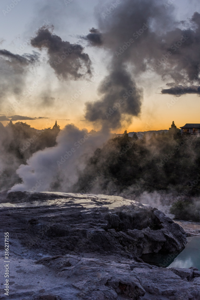 Fototapeta premium Sunset over Hot Mud Pools in Rotorua