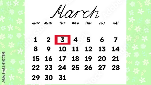 calendar for March.every day in March, he moves in turn.actual for the year 2020.animated video