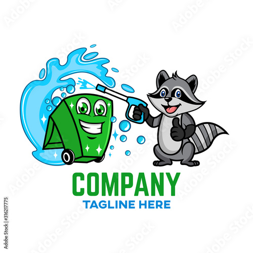 Modern Trash can with raccoon logo. Vector illustration.