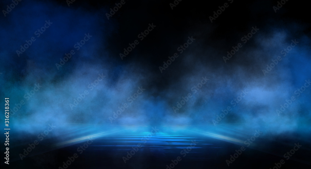 Dark background with lines and spotlights, neon light, night view. Abstract blue background.