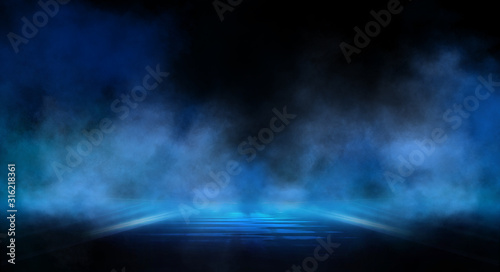 Dark background with lines and spotlights, neon light, night view. Abstract blue background.