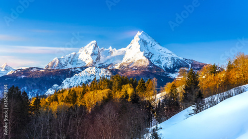 Beautiful view of famous Watzmann mountain peak on a cold day in winter