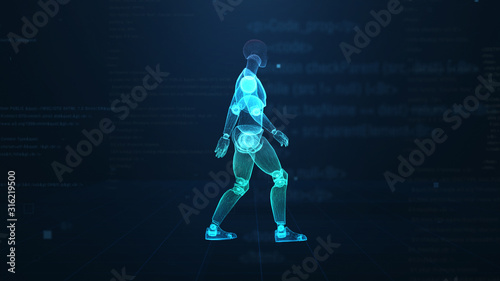 Human puppet walking on virtual 3d digital space with futuristic blue hud. X-ray scan. Side view.