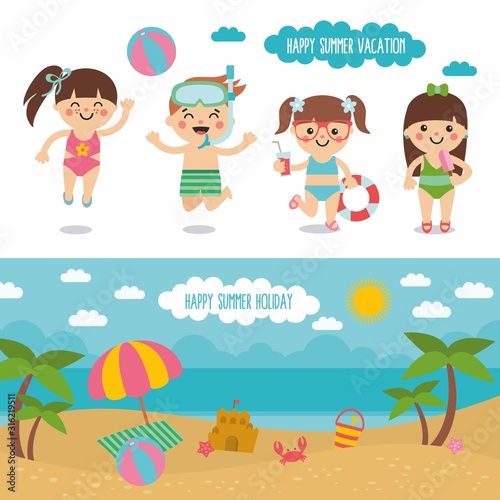 Happy summer vacation. Awesome cartoon beach landscape and funny kids character. Boys and girls at the sea.