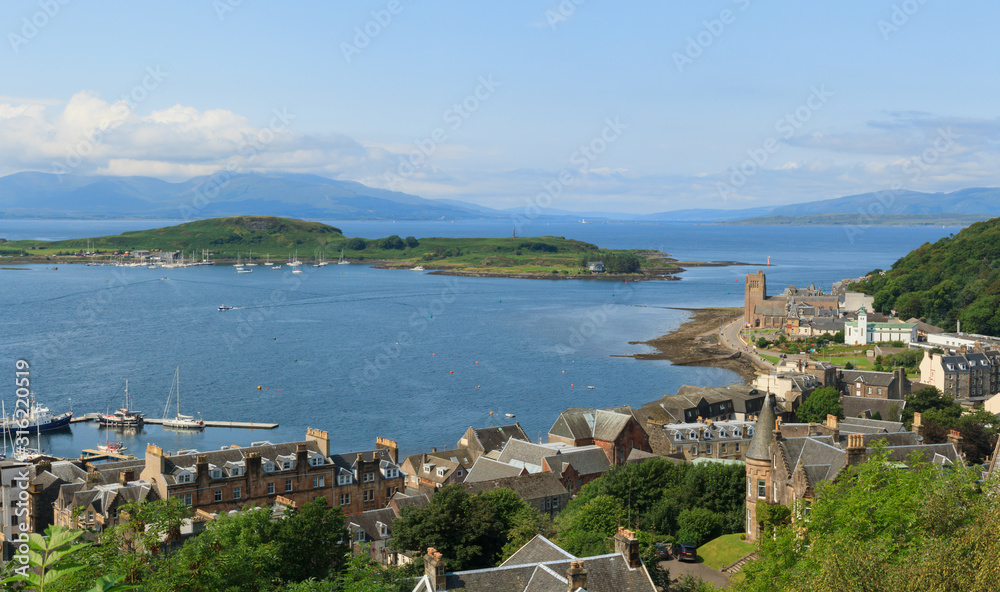 Aerial view of Oban harbour and the Sound of Mull and the Isle of Mull