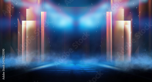 Fototapeta Naklejka Na Ścianę i Meble -  Abstract futuristic blue neon background. Lines and light rays. Abstract light. Empty stage light element in the center. Night view.