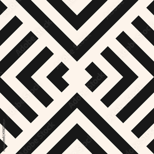 Stylish linear geometric seamless pattern. Abstract monochrome geo texture with diagonal lines, squares, tiles. Simple minimal black and white background. Modern repeatable design for decor, print