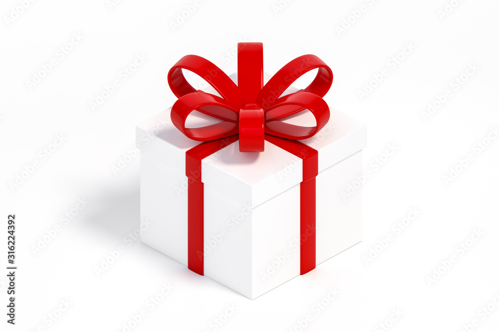 Obraz premium White gift box with red ribbon isolated on white background 3d rendering, 3d illustration minimal style concept.