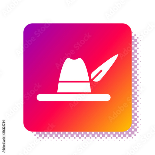 White Oktoberfest hat icon isolated on white background. Hunter hat with feather. German hat. Square color button. Vector Illustration