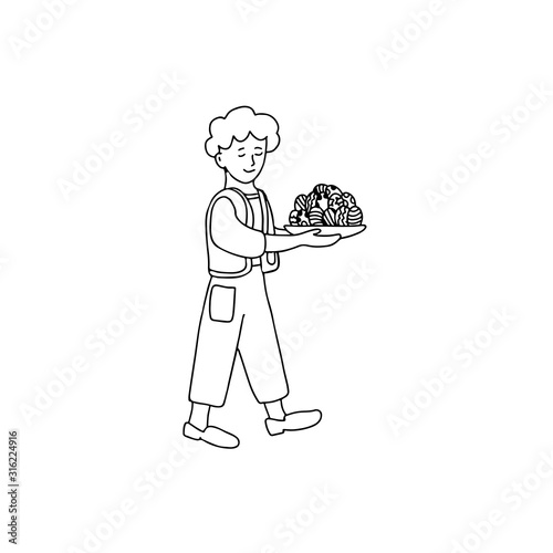 Hand drawn vector illustration of a boy bringing  easter eggs in doodle style isolated on white background. Great for Easter greeting cards, poster, coloring books.